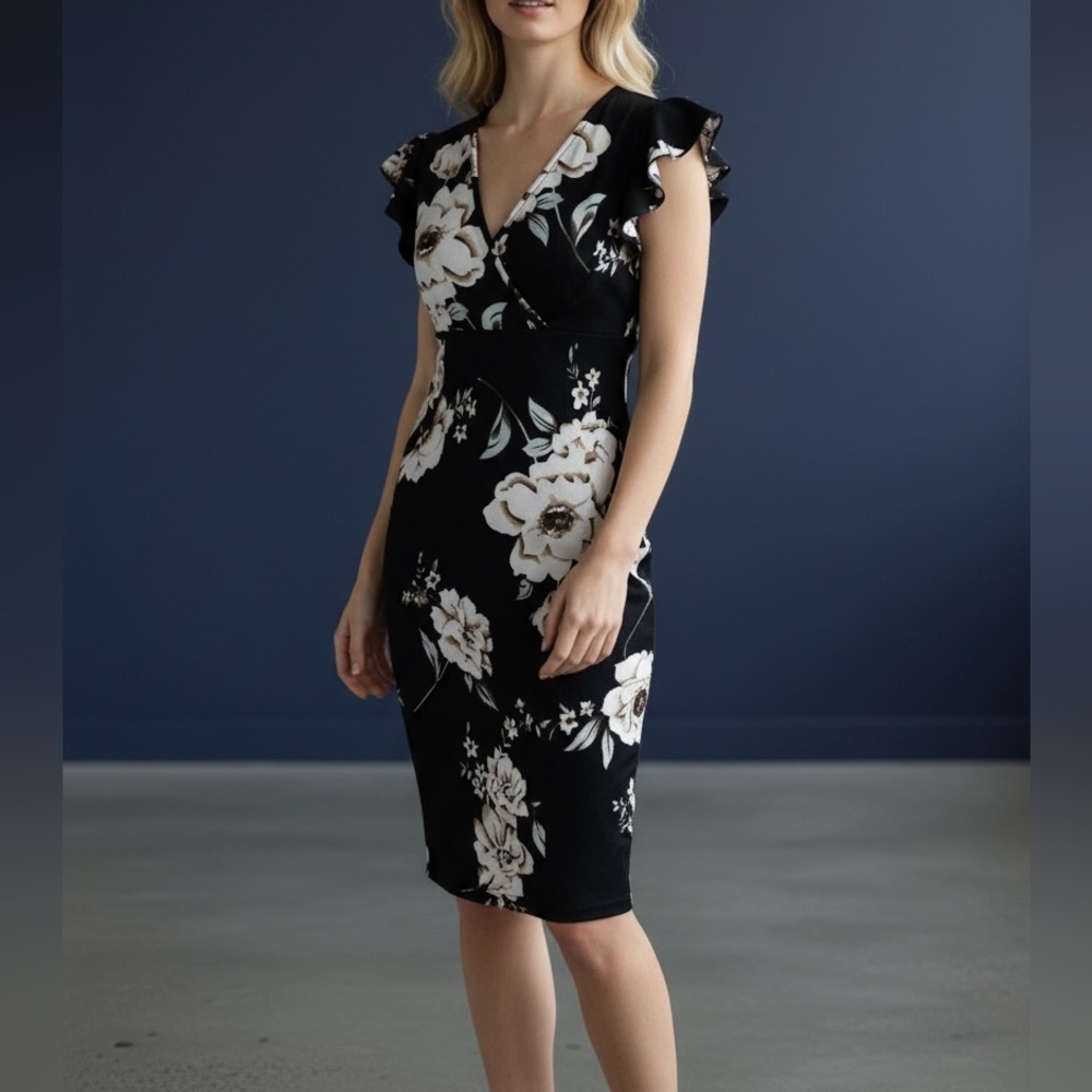 Floral Black Midi Dress - Picture 1 of 5